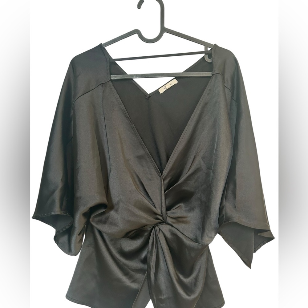Pleione Black Satin Knot-Front V-Neck Blouse